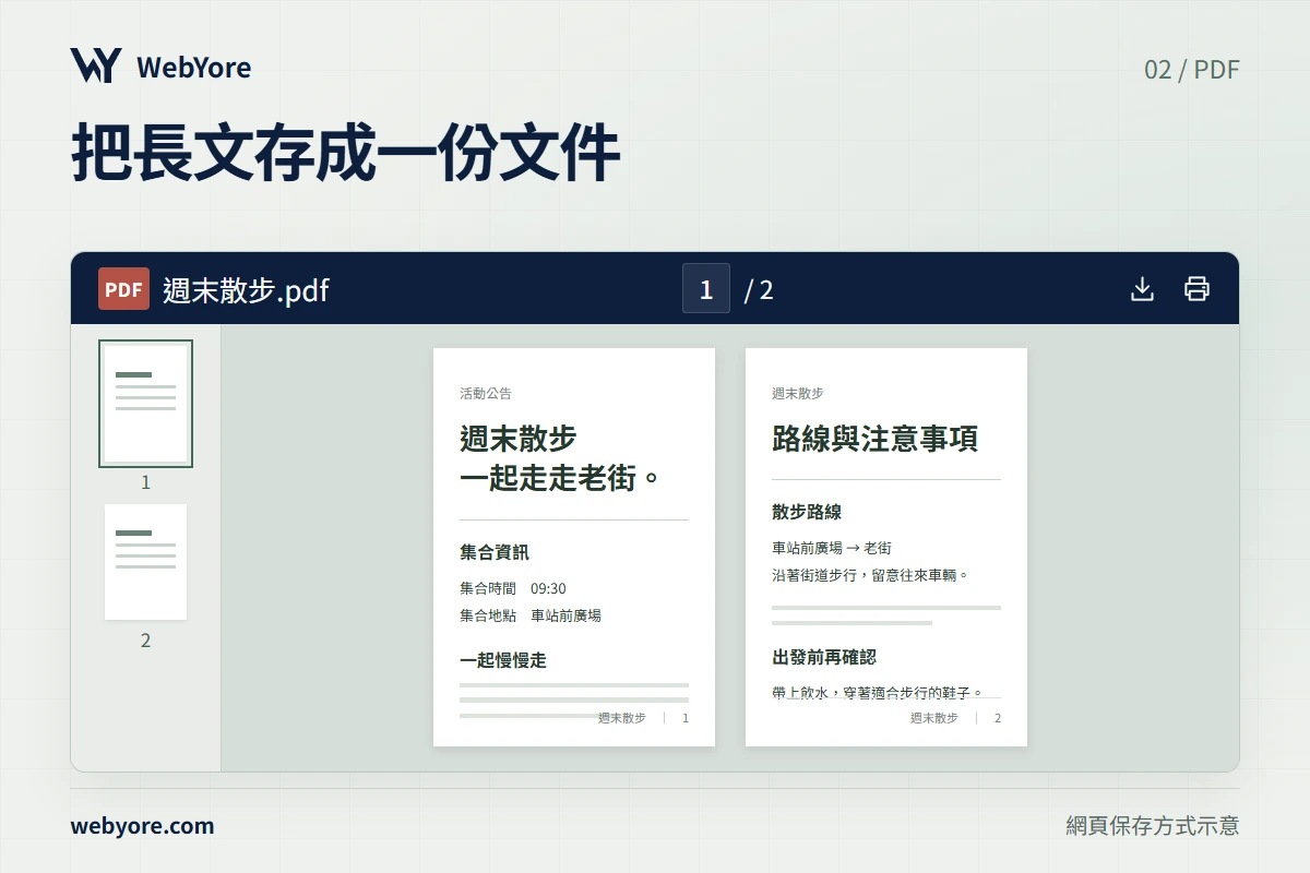 PDF 閱讀器開啟「週末散步.pdf」,工具列有下載、列印及頁碼,左側顯示兩頁縮圖。